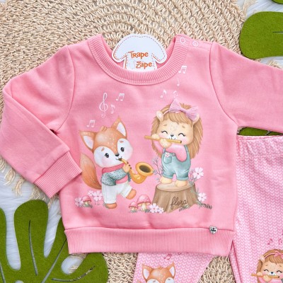 Conj. Casaco de Moletom Leoa com Raposinha e Calça Legging - Rosa